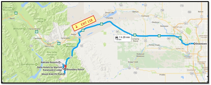 Map to Canmore from Calgary